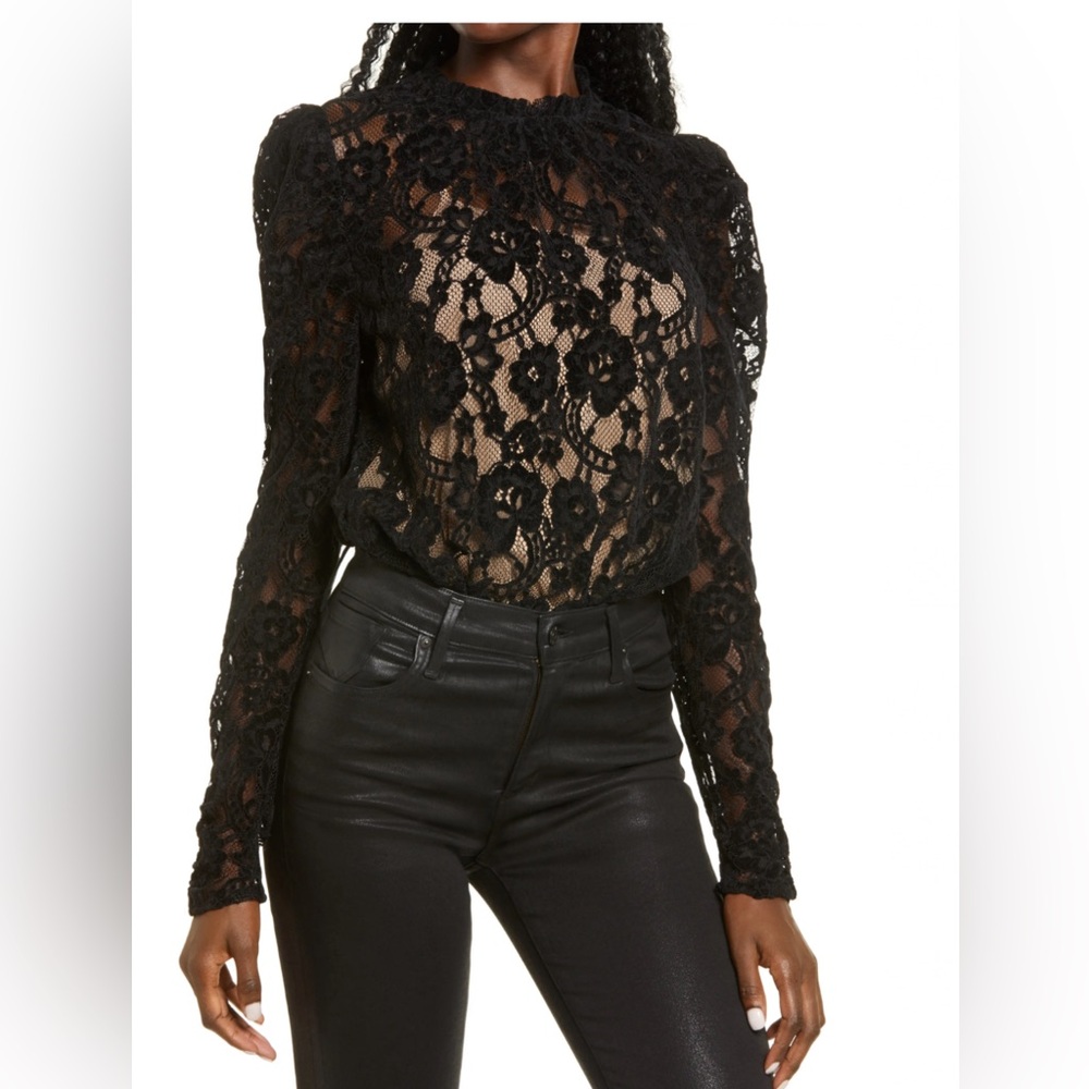 NWT WAYF Emma Puff Sleeve Lace Bodysuit in Black Chenille Lace